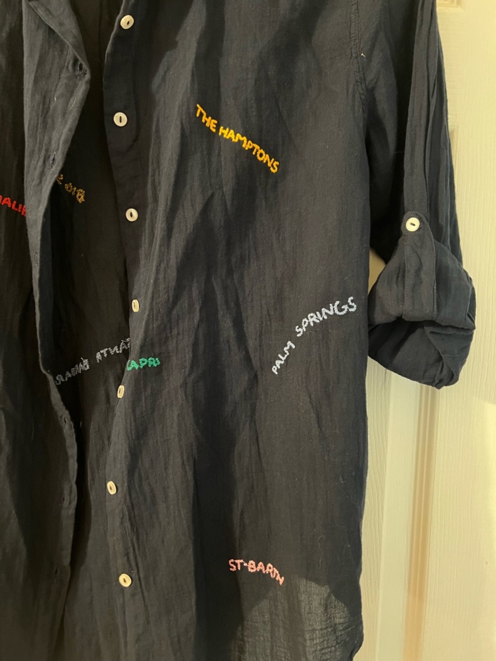 Sundry Navy  Lightweight Button-Up Shirt With Embroidered Destinations - Picture 6 of 7